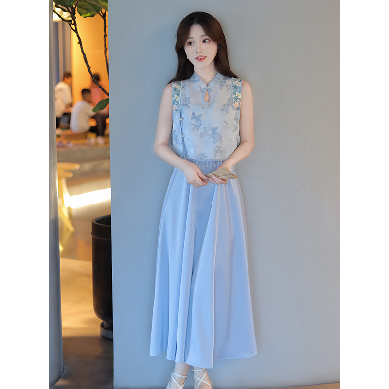 瑶西【华影】蓝色印花长裙无袖海边度假汉服新中式连衣裙两件套