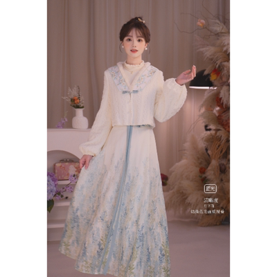 瑶西【青黛朝雪】国风刺绣毛绒感短上衣蓝白渐变印花裙汉服两件套