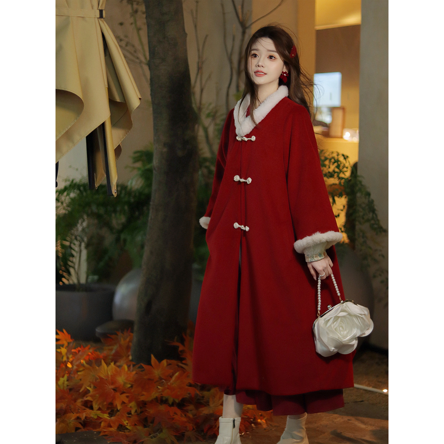 瑶西【冬日玫瑰】2025冬装改良国风大显瘦气质红色中长款加厚