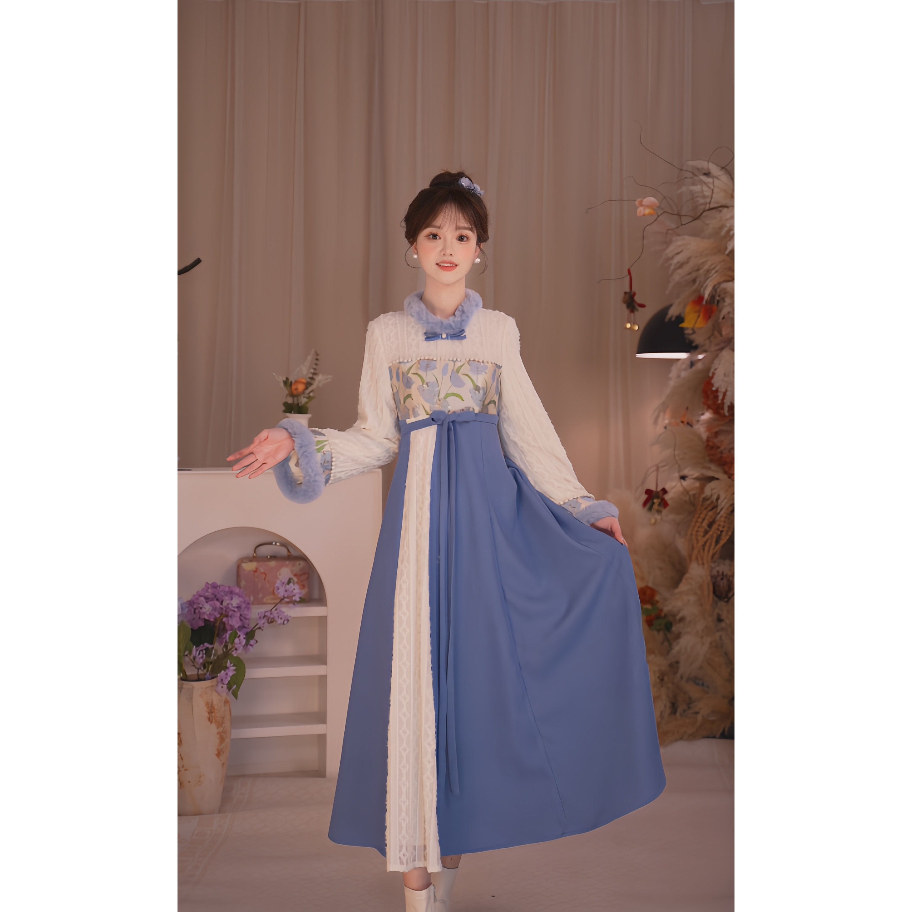 瑶西【蓝郁金香】冬款厚款毛领织金提花汉元素国风加绒女连衣裙