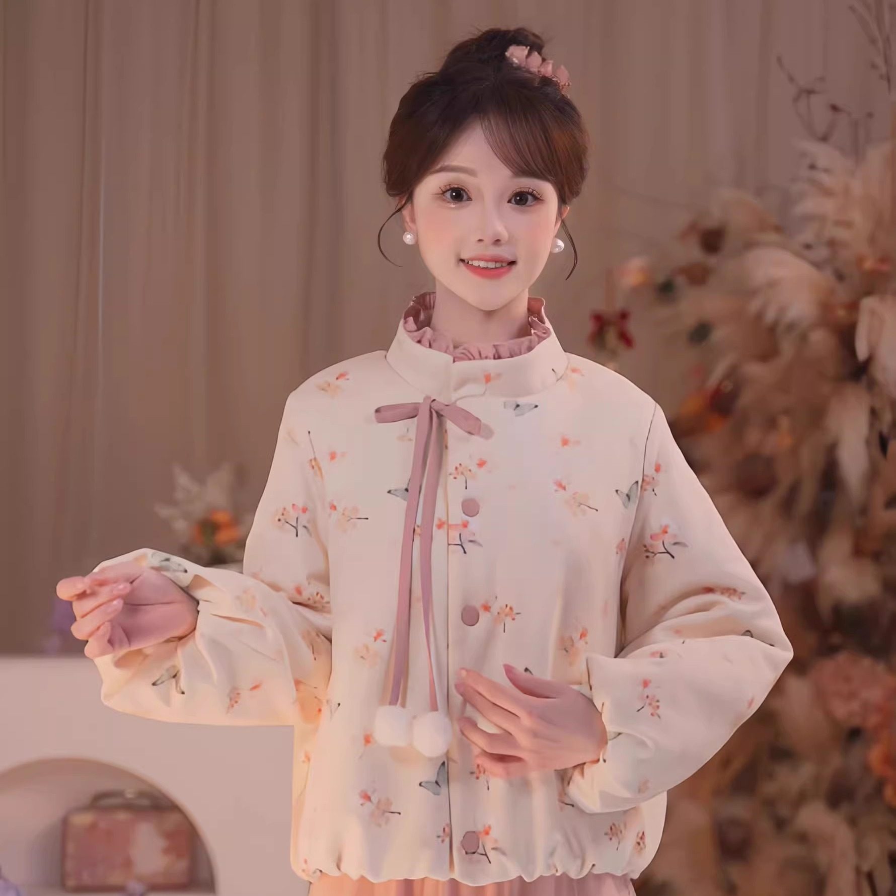 瑶西【粉枝蝶影】冬季厚款印花外套立体蝴蝶仙雾粉加绒半裙女套装,女装/女士精品,汉服套装,淘宝优惠券,粉丝福利购,淘宝优惠卷