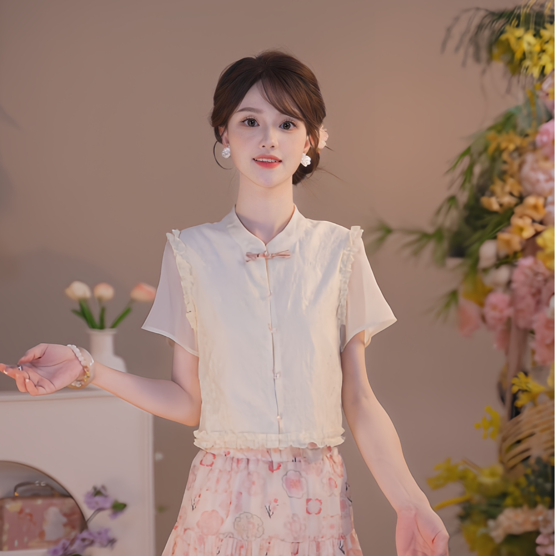 瑶西【粉颜花月】国风汉原创夏木耳边刺绣上衣粉色碎花半裙女套装