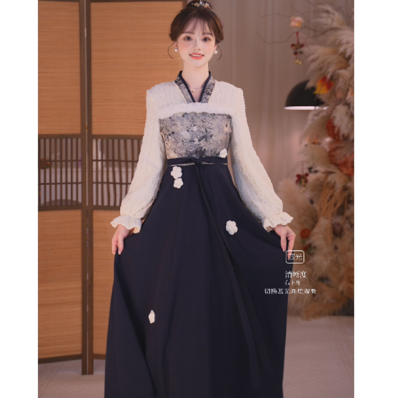 瑶西【观蓝花下】冬季新款藏蓝新中式国风氛围感加厚长款连衣裙