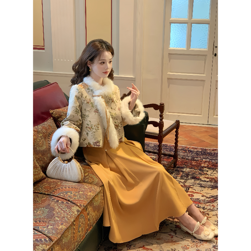 瑶西【玉锦辞】提花毛领短外套暖黄垂感长裙温婉汉服新中式两件套