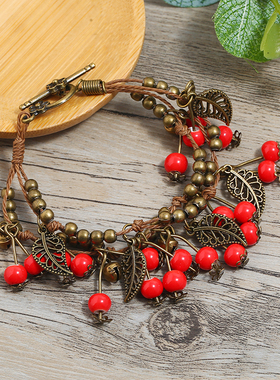 复古森系文艺小清新樱桃手链女民族风硕果流苏陶瓷U手绳手工配饰