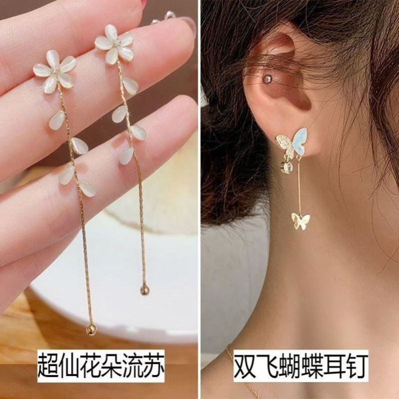 免摘睡觉耳线2024年新款v爆款耳绳独特耳线长流苏花朵气质耳饰