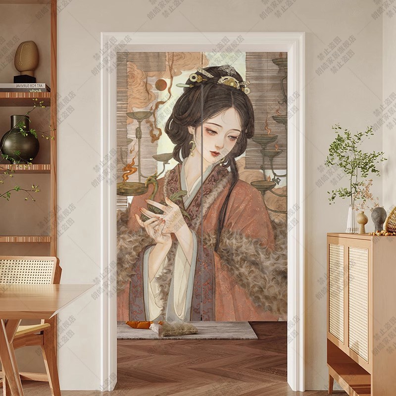 国潮戏曲花旦侍女门帘q商用中国风厨房卫生间卧室布艺隔断半帘定