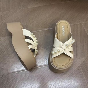 女厚底百搭百搭休闲凉鞋 34码 外穿C坡跟拖鞋 7CM增高厚款 一字拖时尚