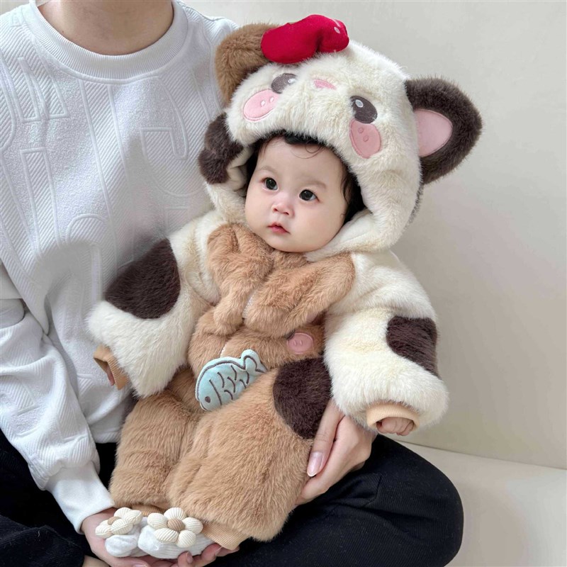 婴儿冬季连d体衣加绒加厚可爱保暖超萌小猫吃鱼防风哈衣外出服爬