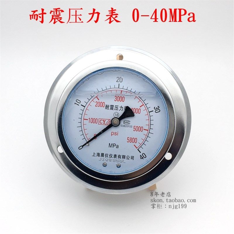 耐震压力表0-40MPa轴向带边油压表YN100ZT液压表5800psi螺纹M20