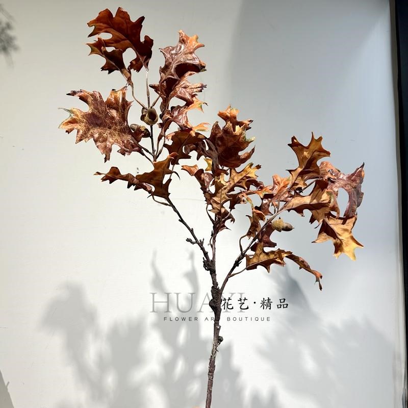 软装陈设秋天色系橡果树枝仿真橡树叶梧桐叶枯叶枯枝红色黄色叶材