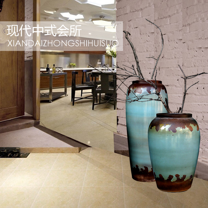 复古落地插干花三件套陶瓷花瓶中式陶罐大号会所庭院软装饰摆设件