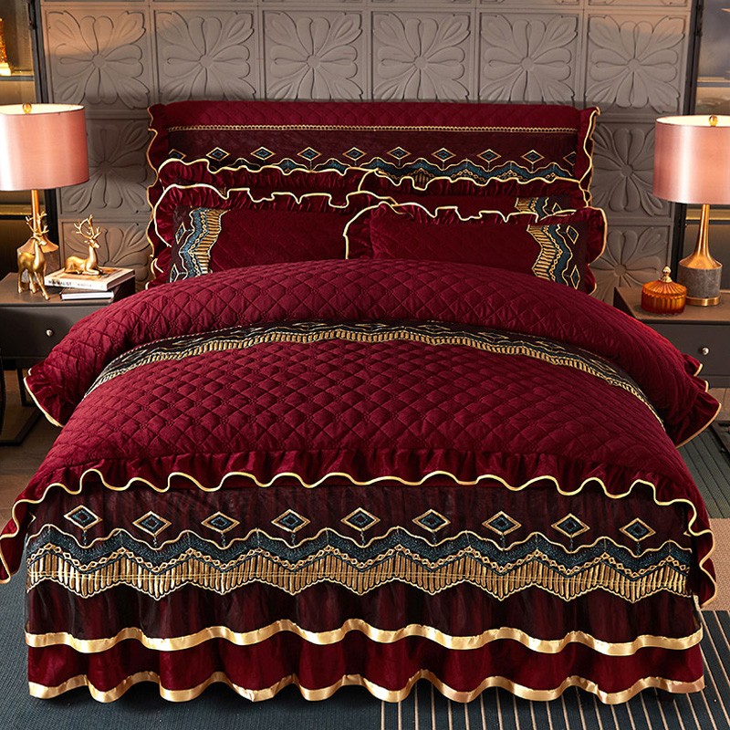 全套夹棉加厚床裙款四件套水晶绒保暖牛奶珊瑚绒双面加.绒被套冬