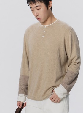 CLAY PRODUCT 三彩拼色假两件亨利领桑蚕丝羊毛卷边针织长袖