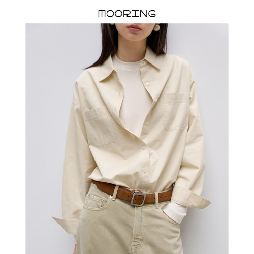 MOORING泊 复古纯棉水洗衬衫宽松廓形翻领长袖衬衣上衣女