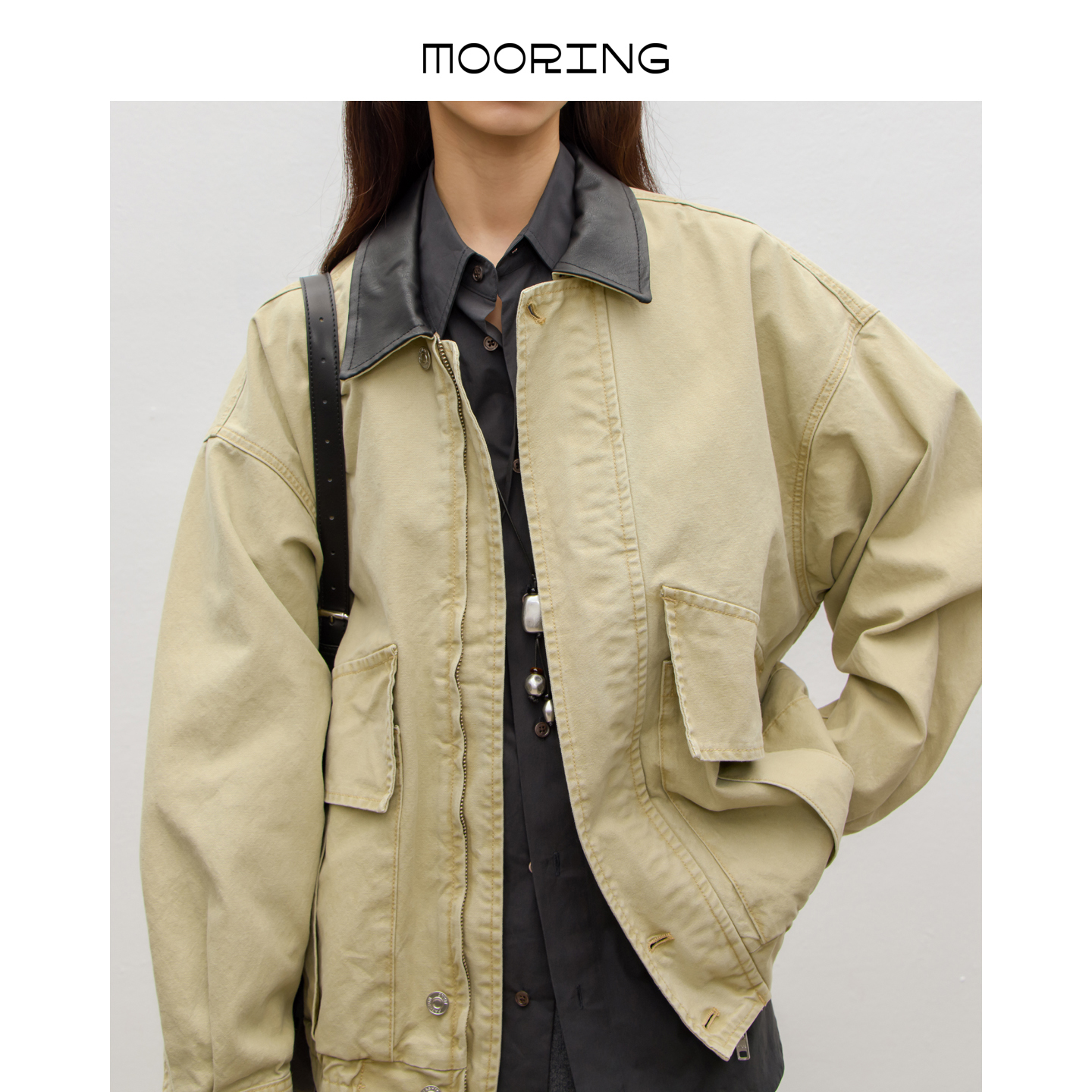MOORING泊 巴恩风复古做旧撞色翻领夹克牛仔外套秋新品宽松上衣
