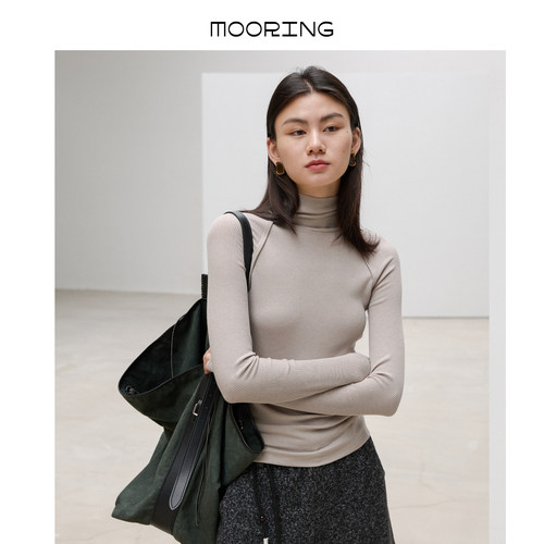 MOORING泊 莱赛尔羊毛混纺针织衫修身显瘦高领套指长袖内搭打底衫