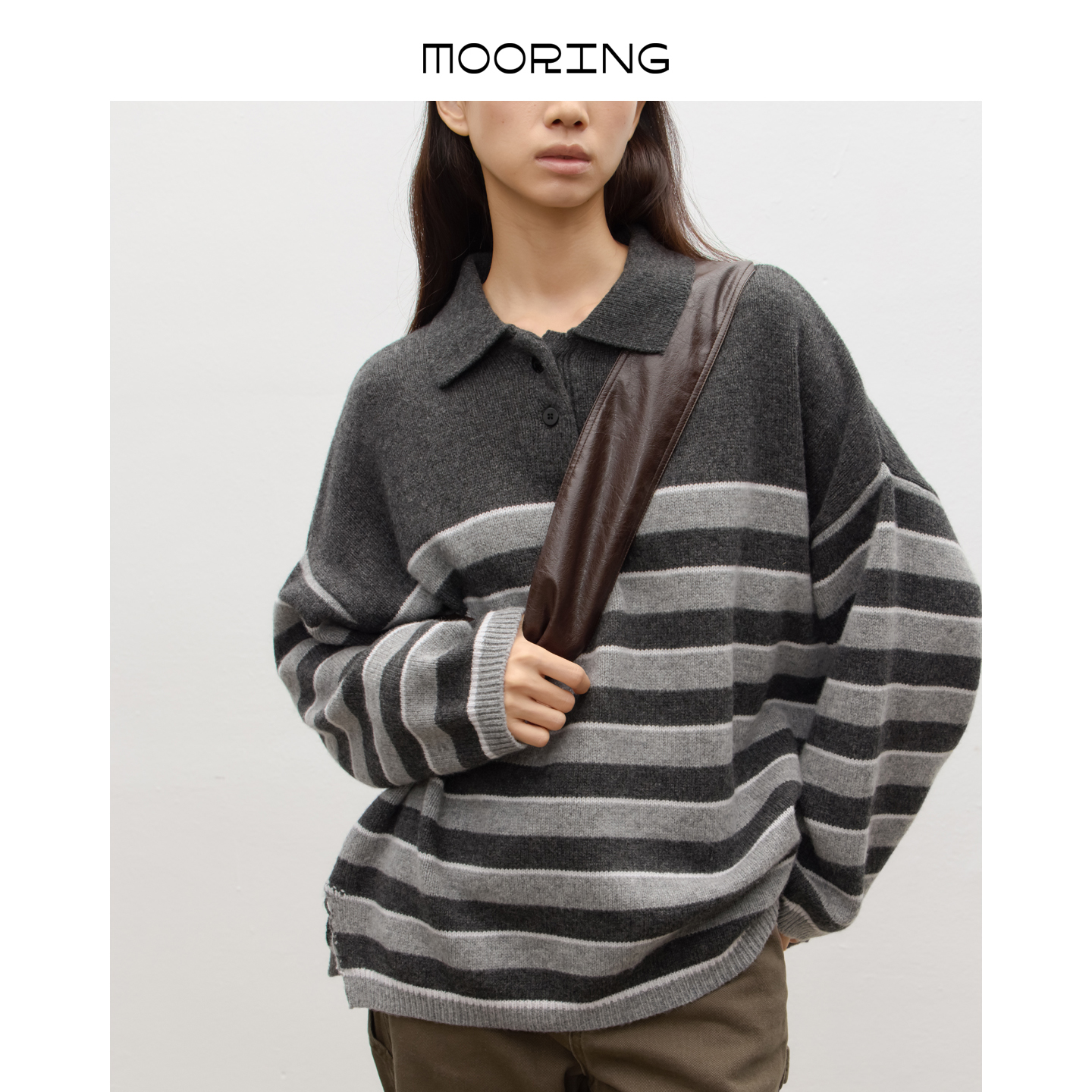MOORING泊 松弛感纯绵羊毛复古宽松polo领针织衫秋季毛衣
