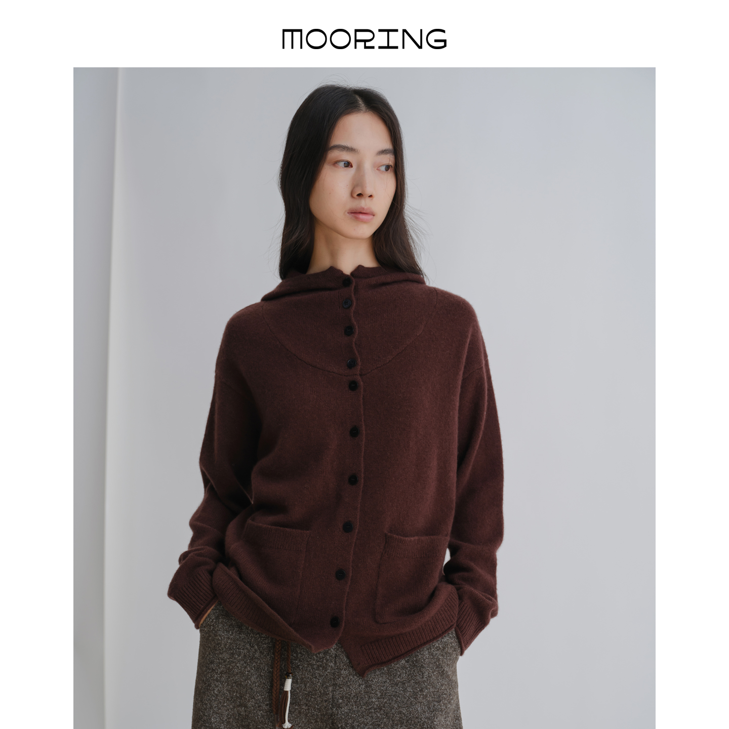 MOORING泊 山羊绒混纺连帽开衫慵懒松弛感针织上衣秋冬毛衣女