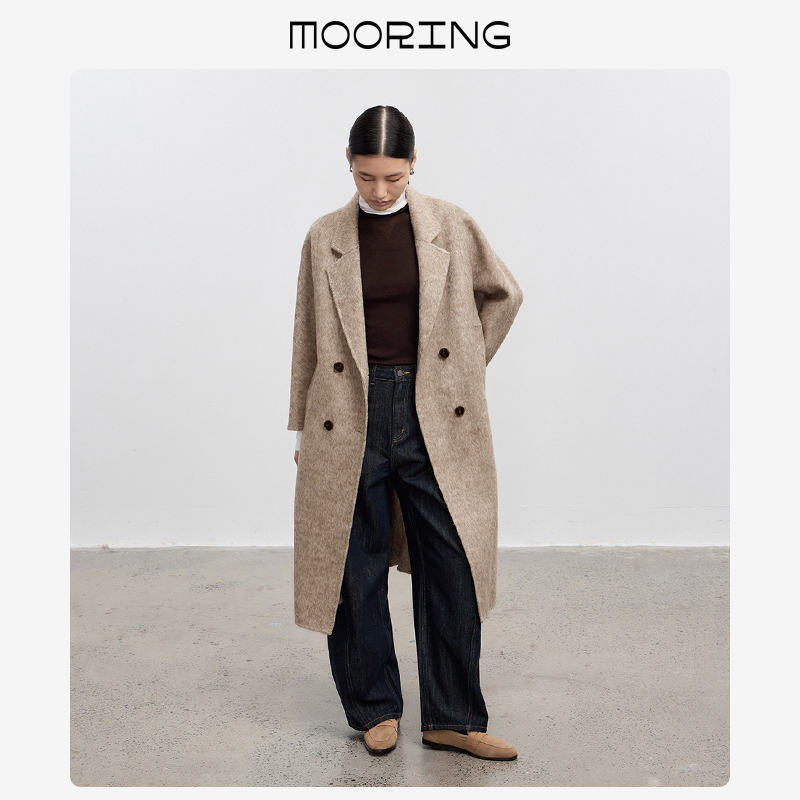 MOORING泊 复古西装领澳毛兔绒双面毛呢大衣长款宽松茧型女外套冬