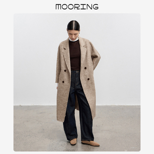 MOORING泊 复古西装领澳毛兔绒双面毛呢大衣长款宽松茧型女外套冬