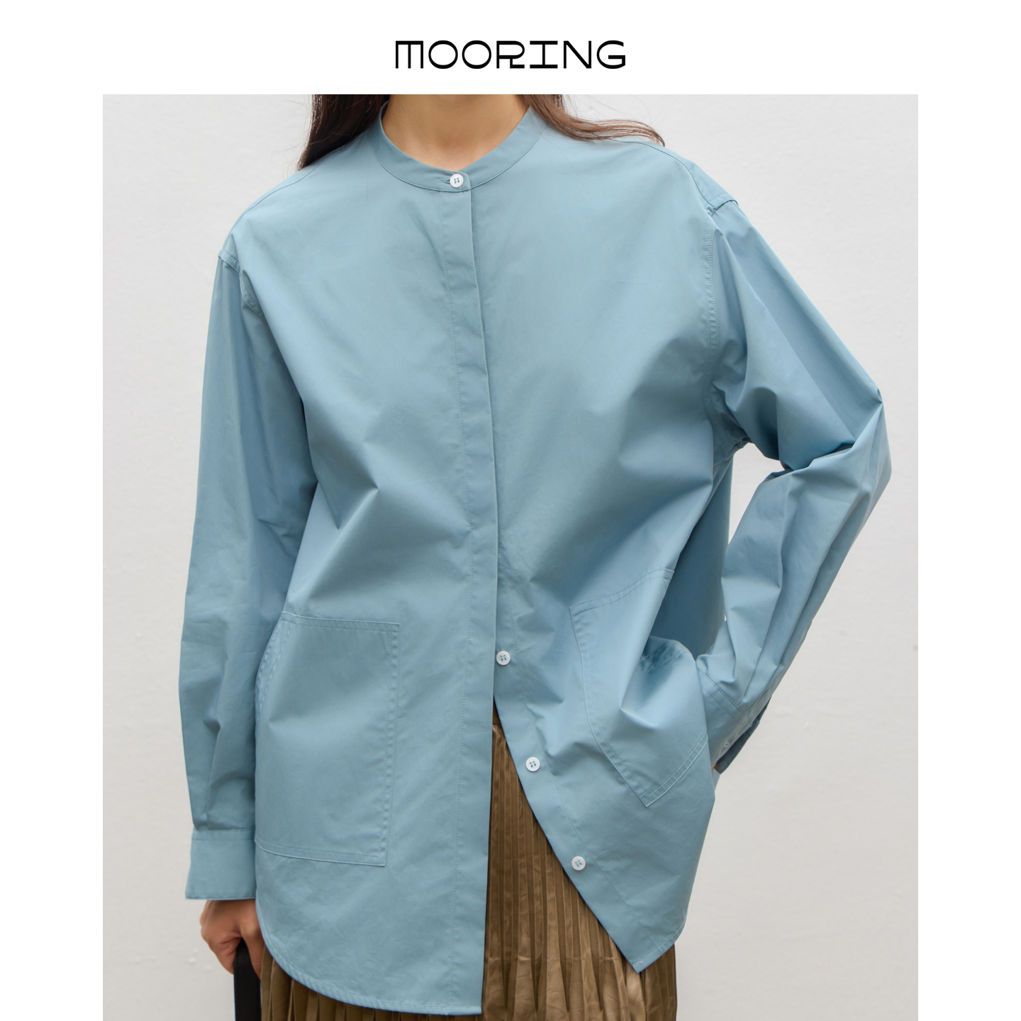 MOORING泊 纯棉圆领宽松显瘦衬衫暗门襟大口袋单排扣上衣女
