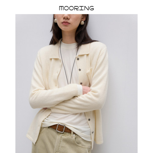 MOORING泊 复古山羊绒针织开衫翻领衬衫式纯羊绒外套上衣女