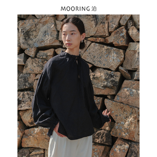復古亞麻襯衫 抽繩花邊領寬松上衣女 慵懶風法式 MOORING泊
