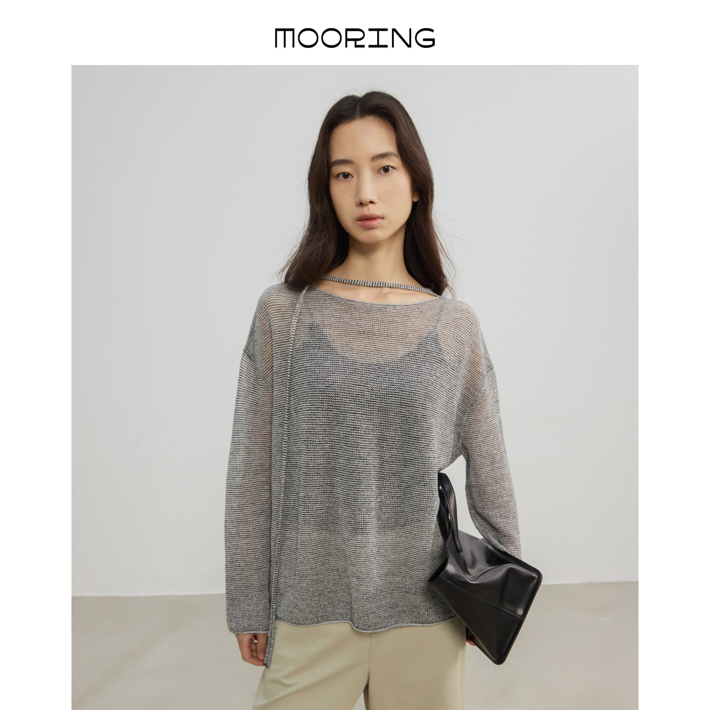 MOORING泊亚麻罩衫薄纱上衣落肩长袖镂空针织衫透气凉感宽松显瘦