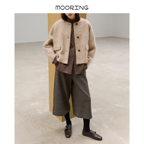 MOORING泊 26秋冬松弛感羊毛混纺松紧高腰阔腿宽松显瘦八分直筒裤