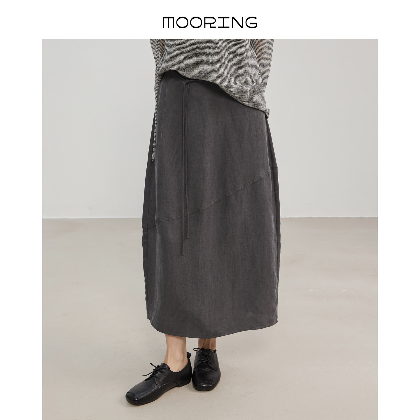 MOORING泊灰色A字半身裙设计感不规则亚麻半裙老钱风裙子高知穿搭