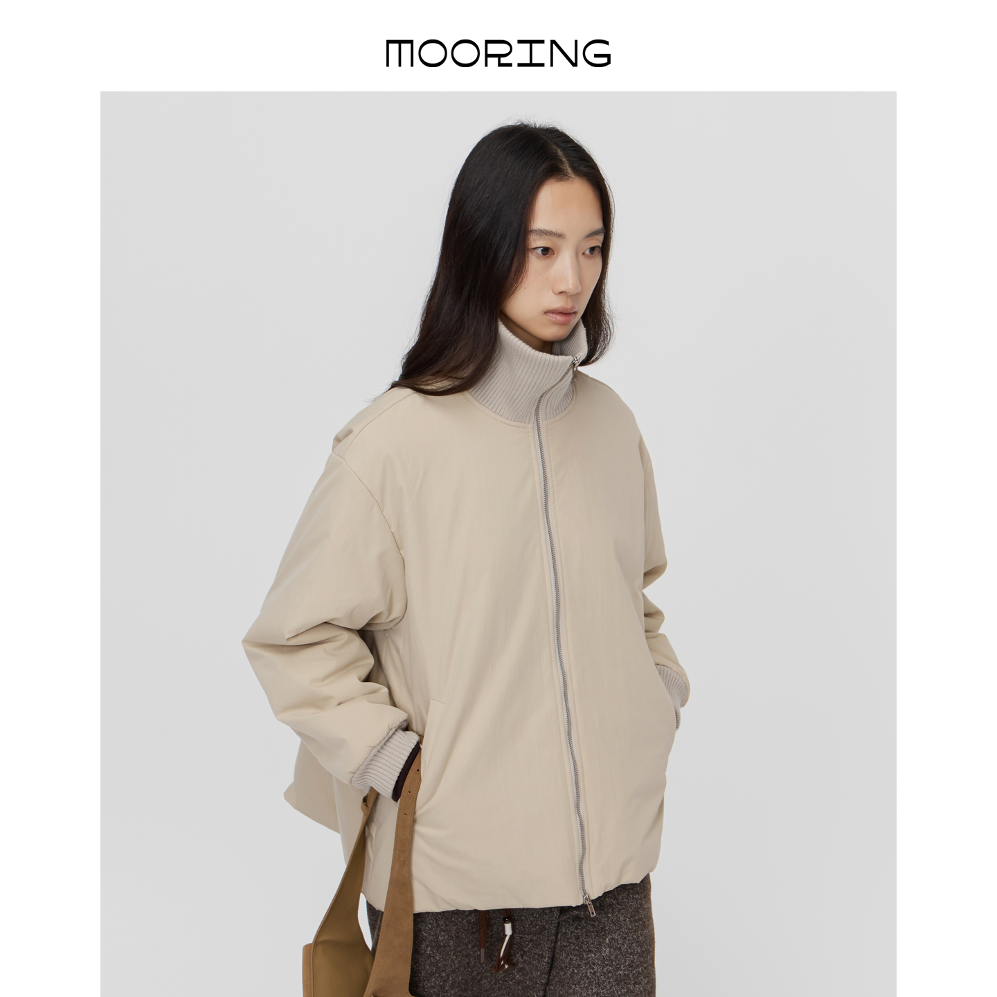 MOORING泊 复古高弹双开拉链棉衣宽松廓形夹克棉服