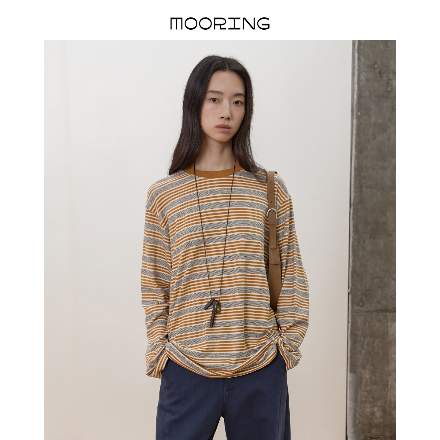 MOORING泊 汉麻混纺条纹长袖T恤撞色条纹圆领宽松上衣,女装/女士精品,T恤,淘宝优惠券,粉丝福利购,淘宝优惠卷