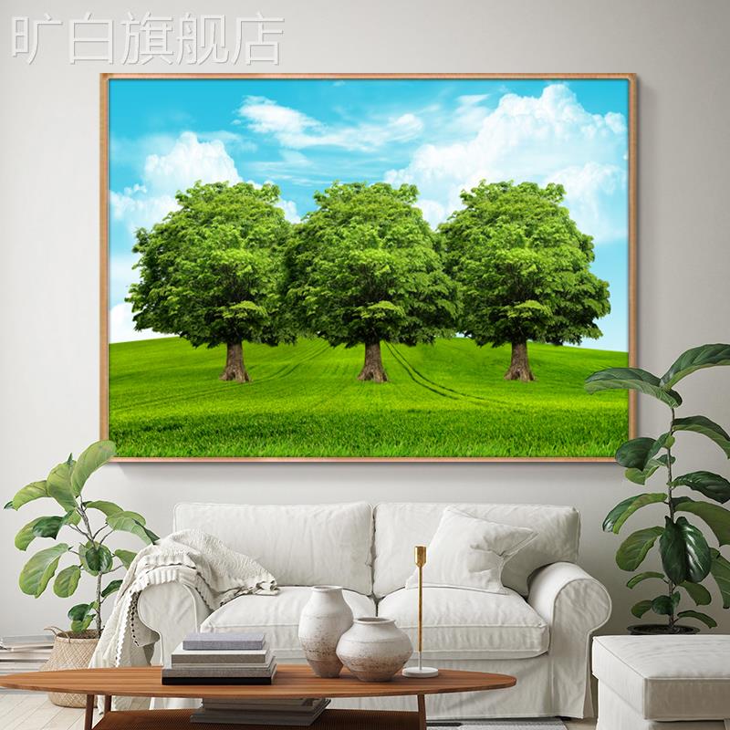 大树风景画三棵四棵大树风水背景墙装饰画绿色树挂画树木森林壁画