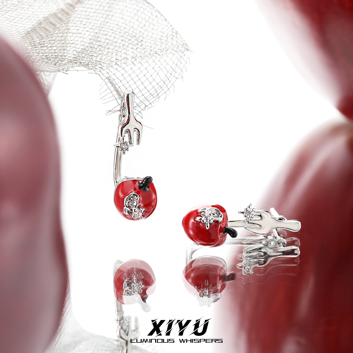 韩系红色苹果可爱叉子夏季耳饰