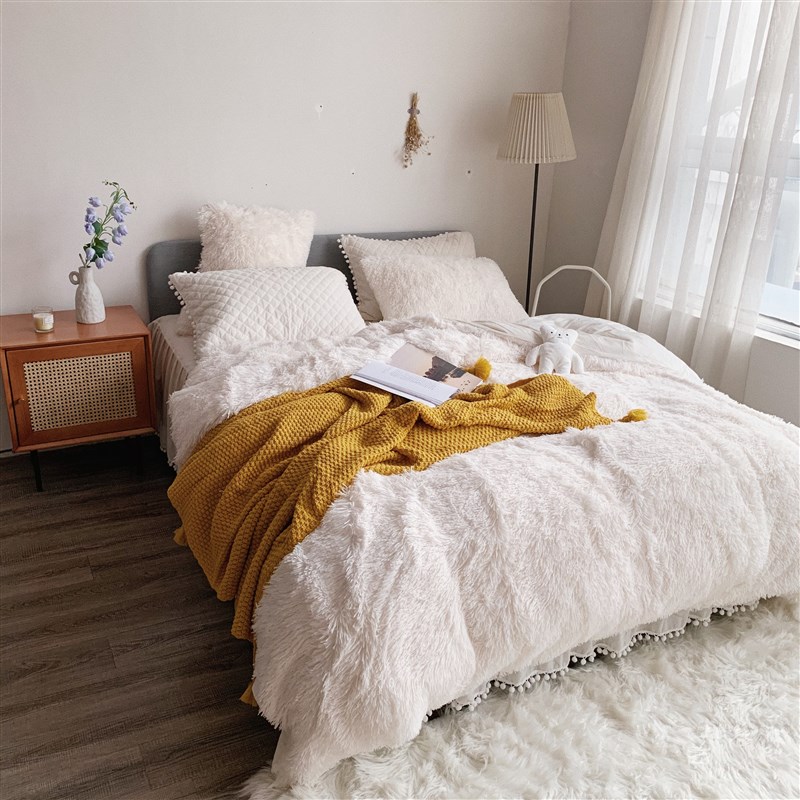 冬季白色c水貂绒床上四件套公主风被套长毛绒双面水晶绒夹棉床裙