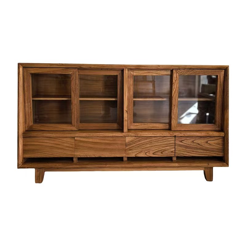 老榆木餐边柜侘寂风实木储物柜客厅靠墙茶水柜民宿V玻璃收纳柜中