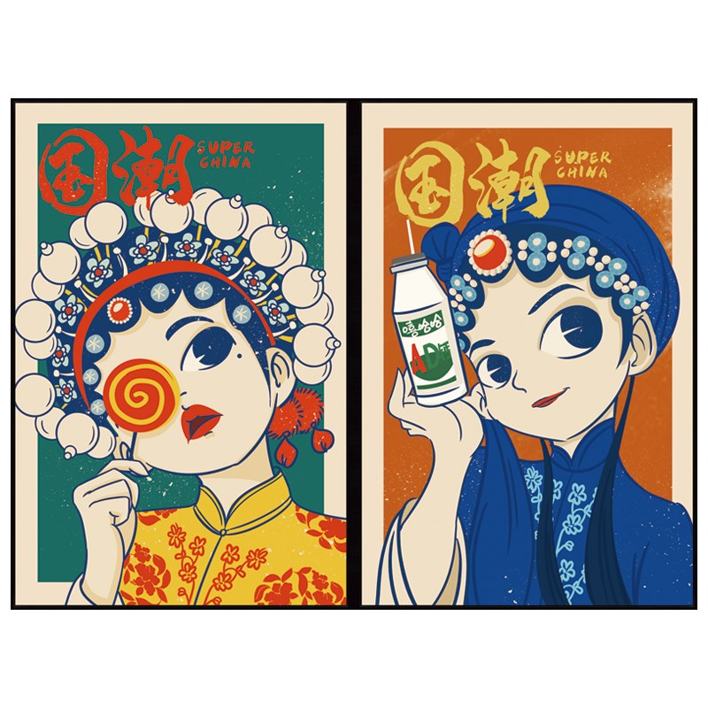 新中式国潮装饰画客厅沙发背景墙儿童房人物壁画玄关过道组合挂画图片