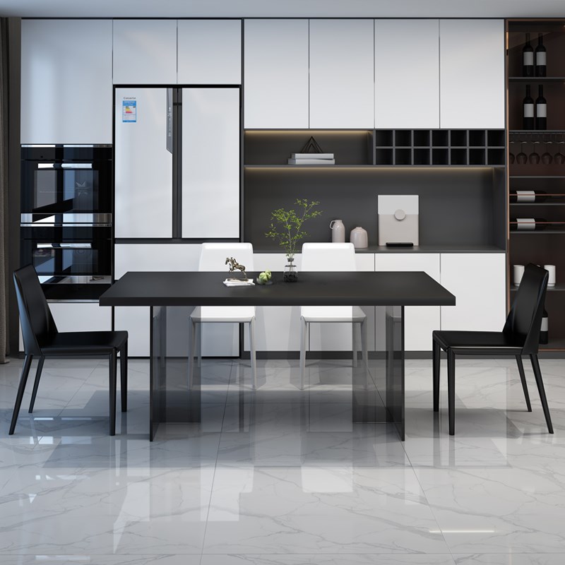 德利丰纯黑色岩板亚克力悬浮岛台餐桌椅极简简约风家用小户型饭桌