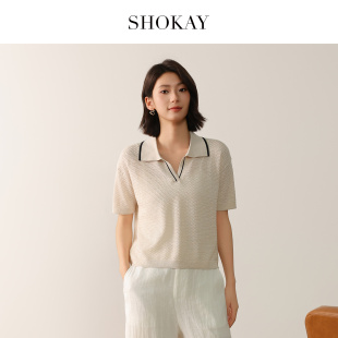 撞色百搭短袖 SHOKAY绣嘉 POLO衫 V领短款 女旗舰店 生态