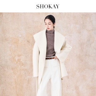 羊毛大翻领长毛双面呢系带大衣25年新品 SHOKAY绣嘉 市野织间