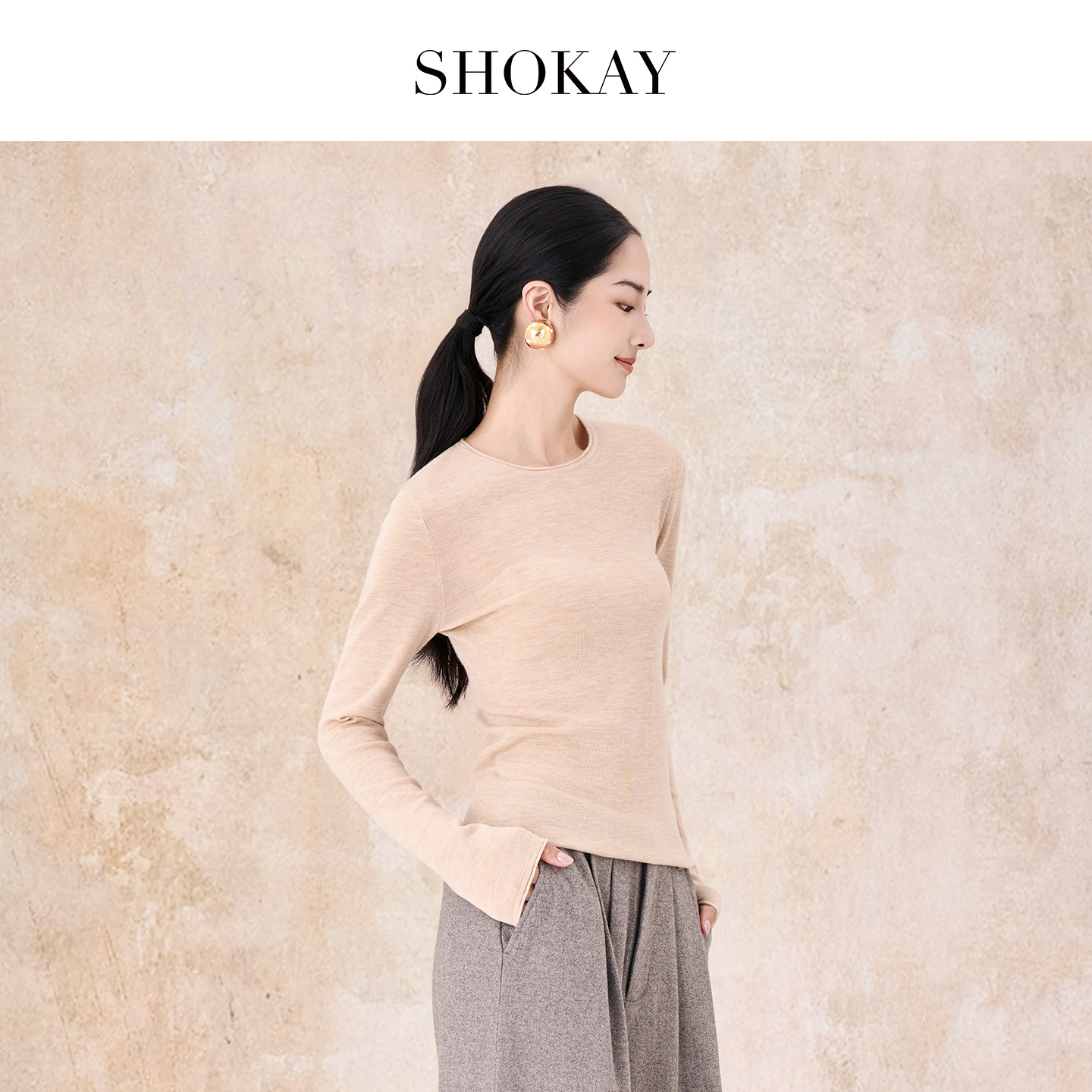 SHOKAY绣嘉【60支10%牦牛绒打底】女士圆领打底套衫140S超细羊毛