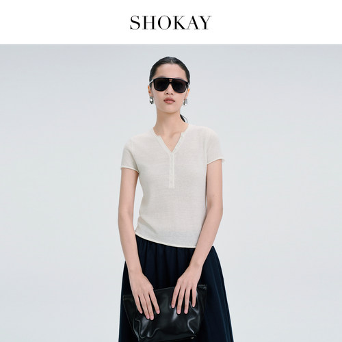SHOKAY绵羊毛女士系扣V领短袖T恤