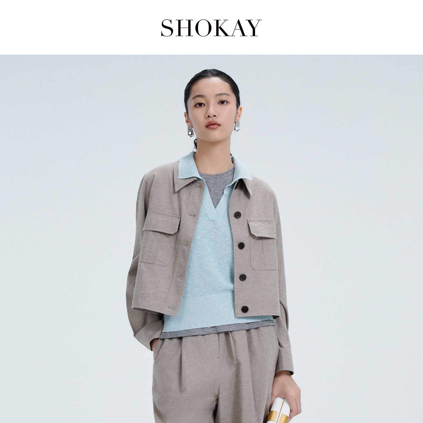 SHOKAY【市野织间】棉牦牛绒工装外套双口袋翻领通勤休闲短上衣