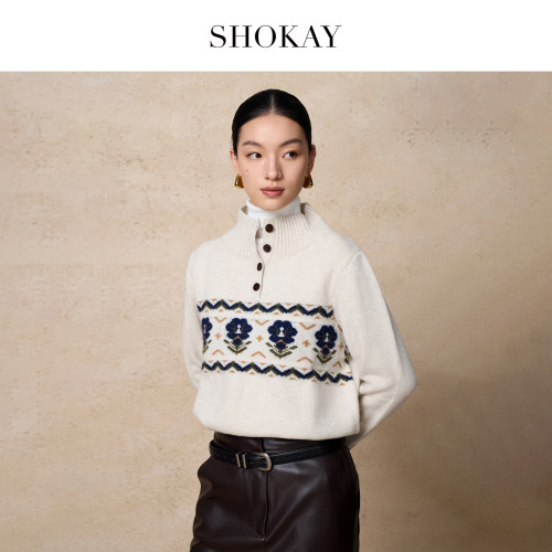 SHOKAY绵羊毛牦牛绒纽扣套头开衫