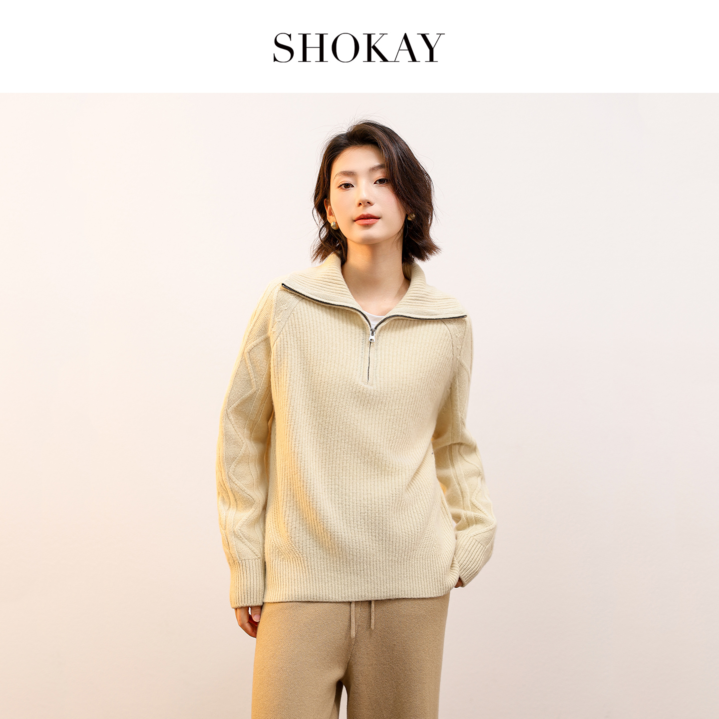 SHOKAY绣嘉【100%牦牛绒】半拉链翻领厚款套衫毛衣秋冬季旗舰店