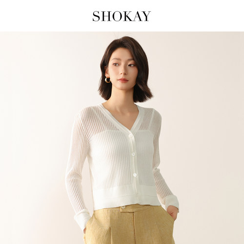 SHOKAY绣嘉V领竖条镂空开衫