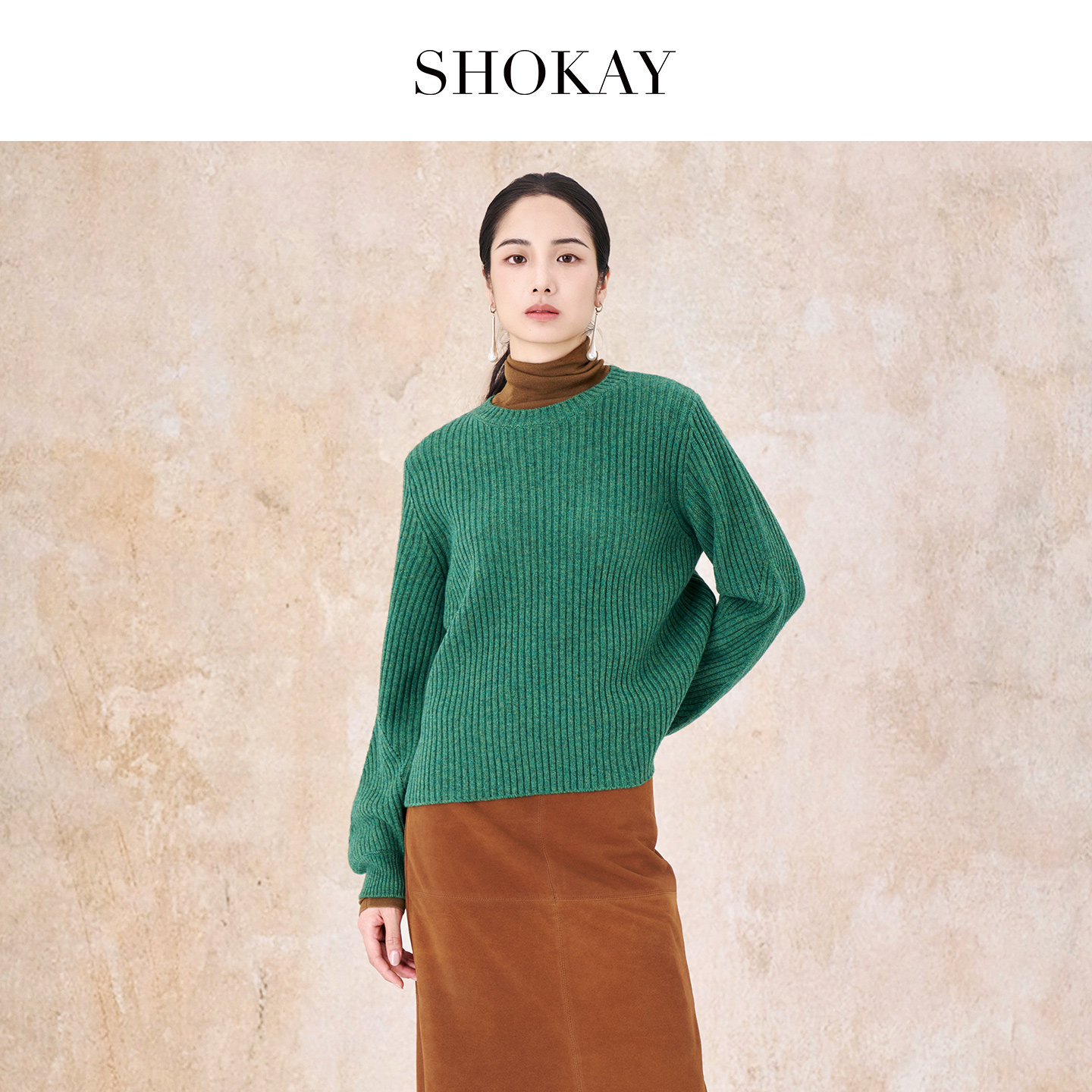 SHOKAY绣嘉【市野织间】女士抽条针织套衫牦牛绒绵羊毛25年冬