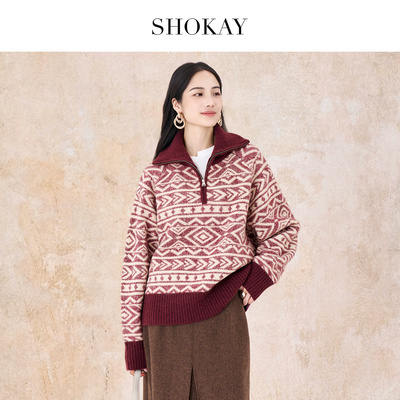 SHOKAY绣嘉牦牛绒半拉链提花套衫