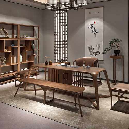 新中式黑胡桃木茶桌椅组合实木办公室茶台茶室茶楼乌金木泡茶桌